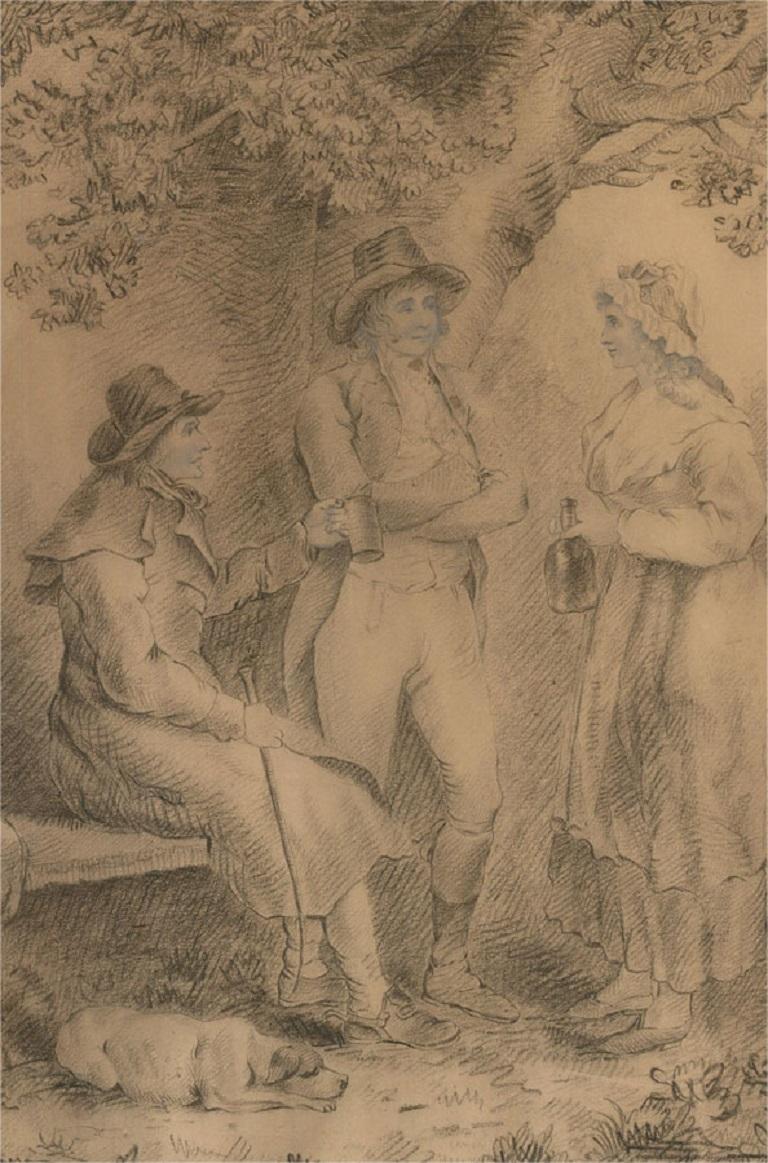W. Johnston - 1815 Charcoal Drawing, Three Figures in Conversation 1
