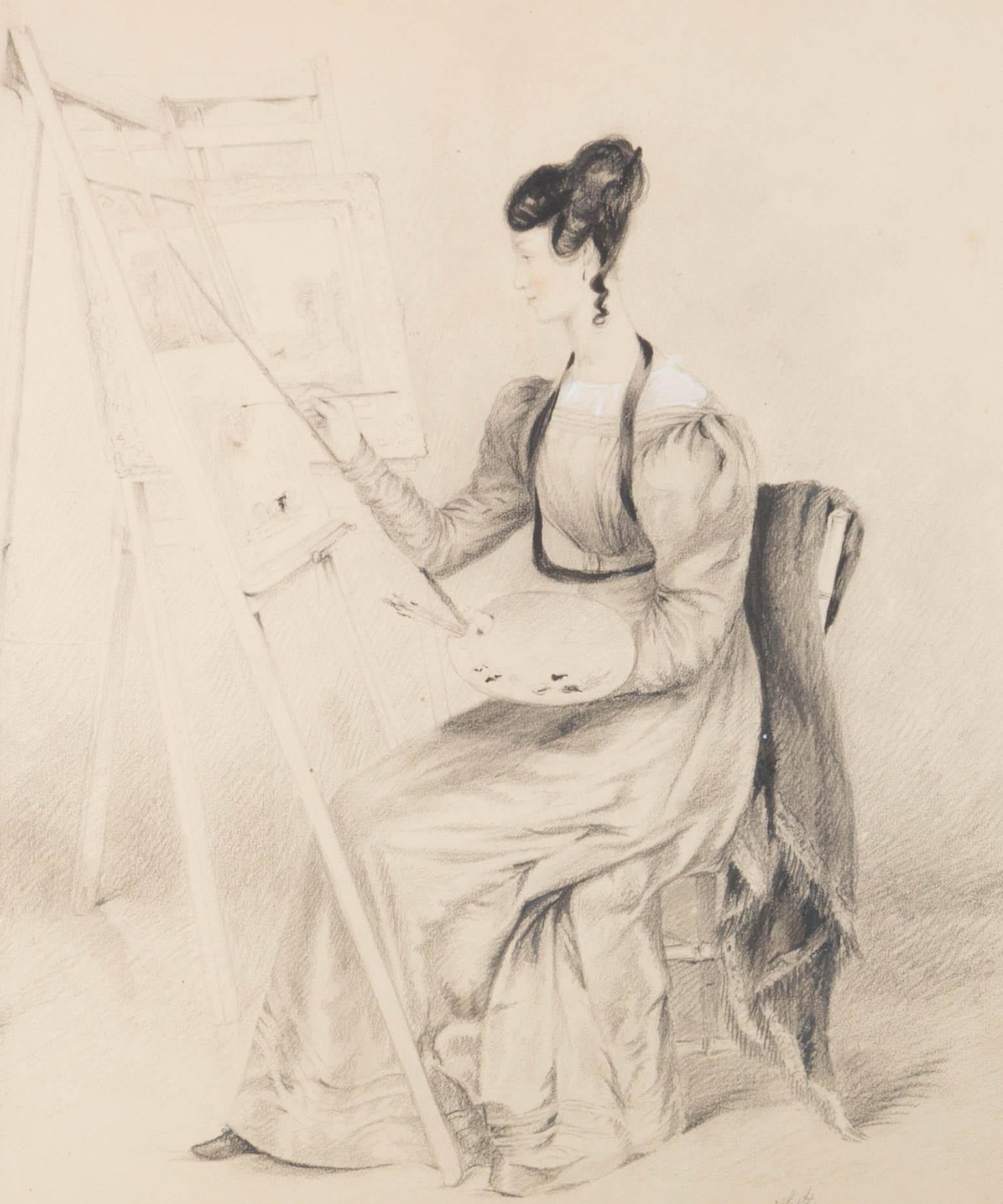 A charcoal drawing with watercolour details of a lady sat painting at an easel. The portrait has an unusual and affectionate informality, perhaps suggesting that the artist was a relation of the sitter. Presented glazed in a blue mount with gold
