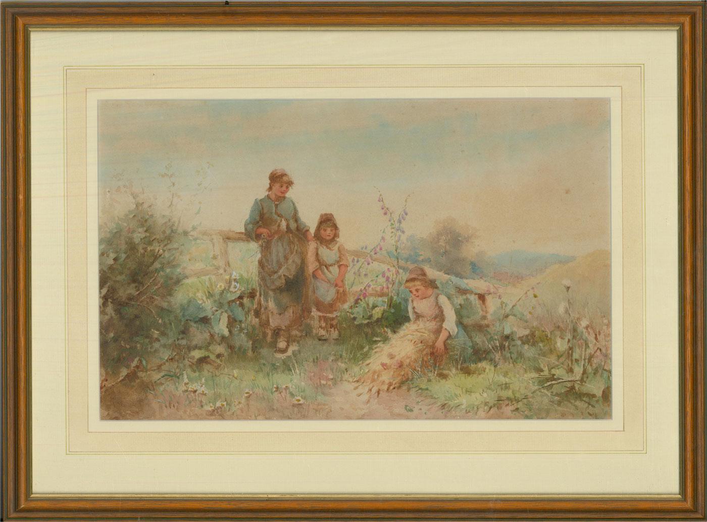 A charming and delicate watercolour study attributed to the British artist Fanny Mearns (fl.1870-1881). The artist has a distinctly delicate technique, using a light palette to depict an idyllic scene. Presented in a wash line mount and simple wood