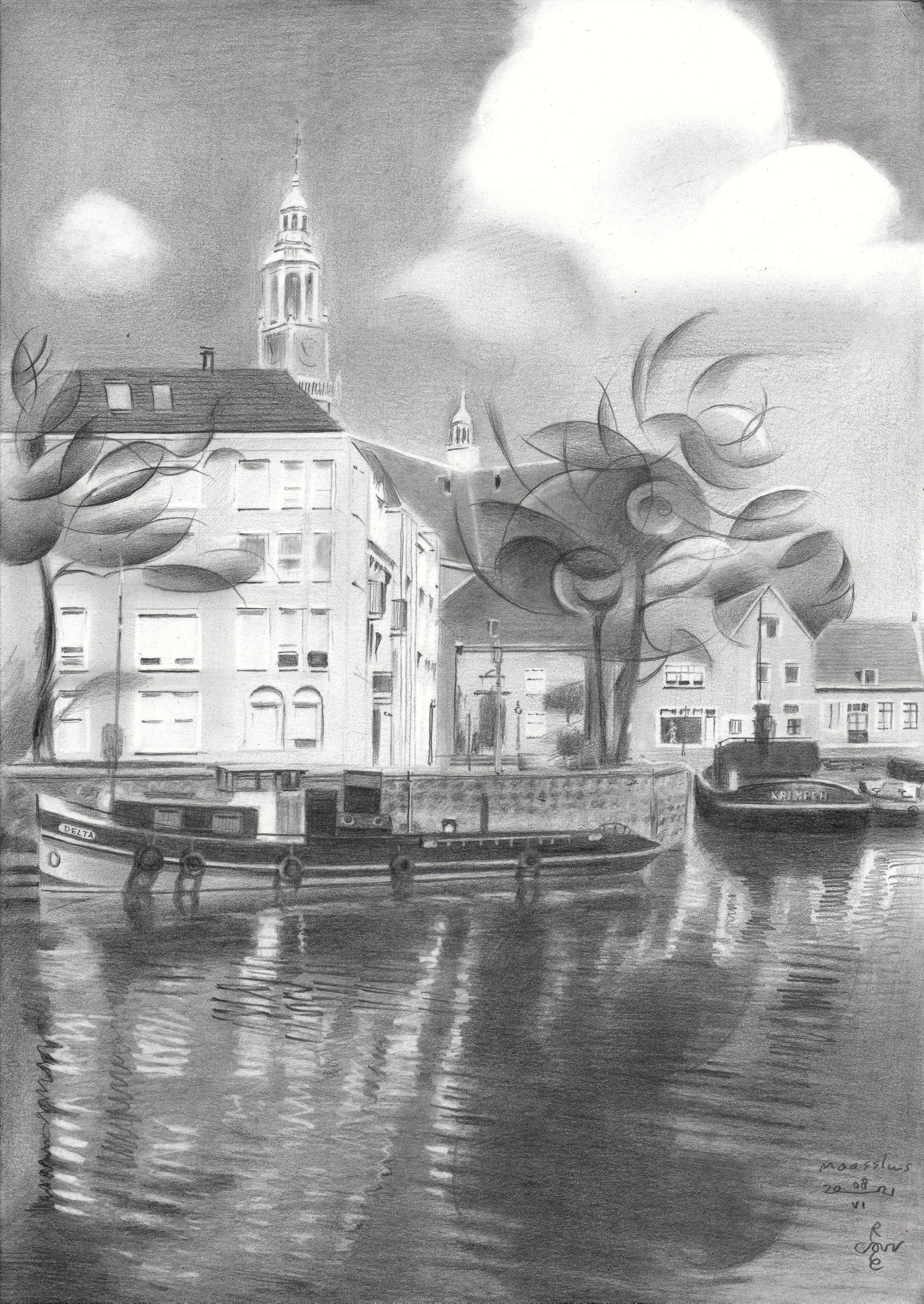 Maassluis â€“ 08-06-21, Drawing, Pencil/Colored Pencil on Paper - Art by Corne Akkers