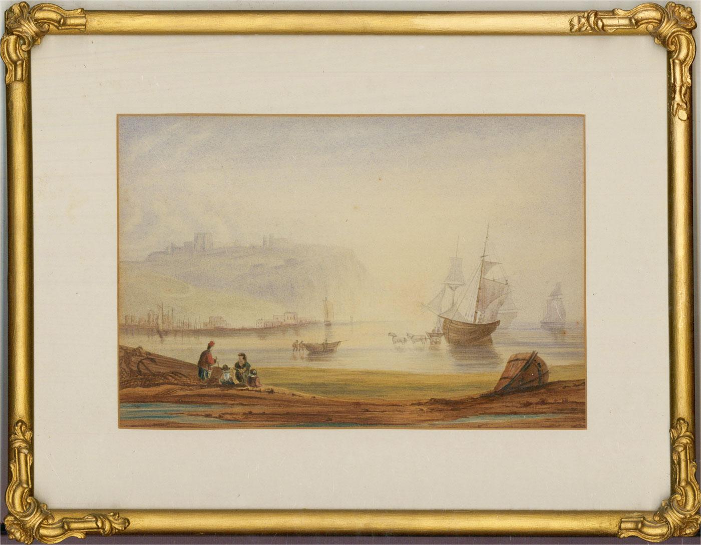 Naive Early 19th Century Watercolour - Harbour Scene - Beige Figurative Art by Unknown