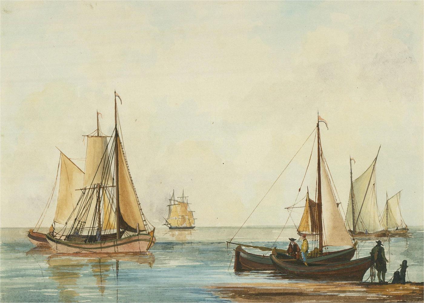 Early 19th Century Watercolour - Harbour - Beige Figurative Art by Unknown