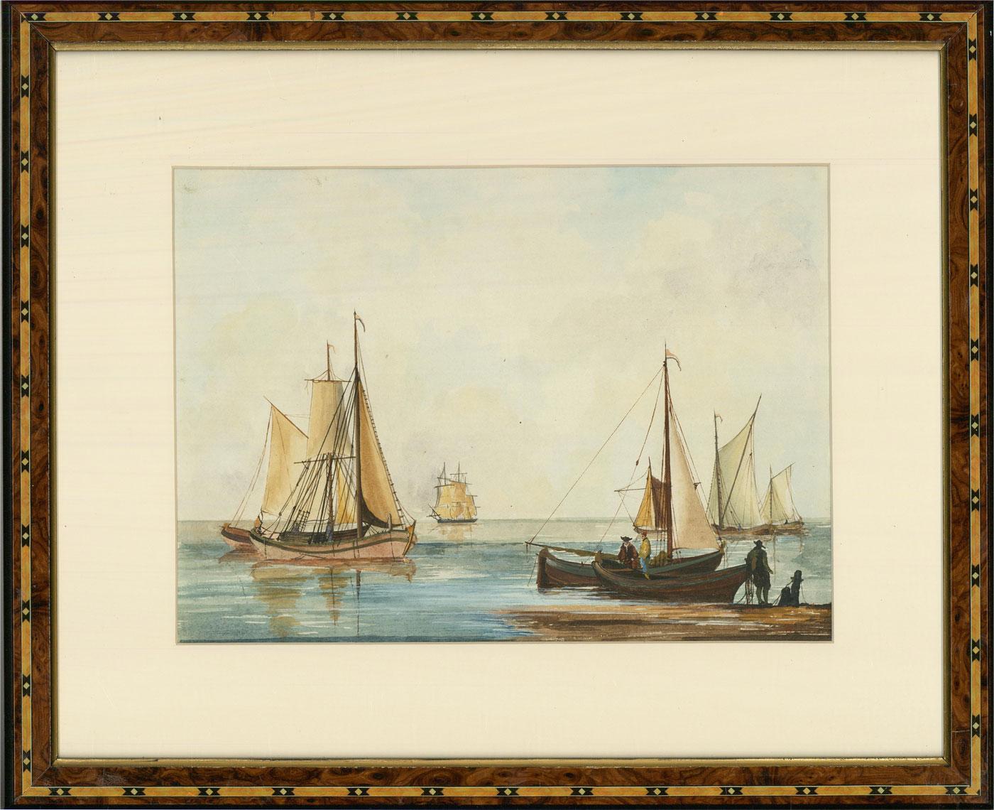 A harbour scene featuring sloops, cutters, and figures in the foreground. In the manner of William Anderson (1757-1837). Presented glazed in a clean white mount and a patterned burr wood effect frame. Unsigned. On wove.