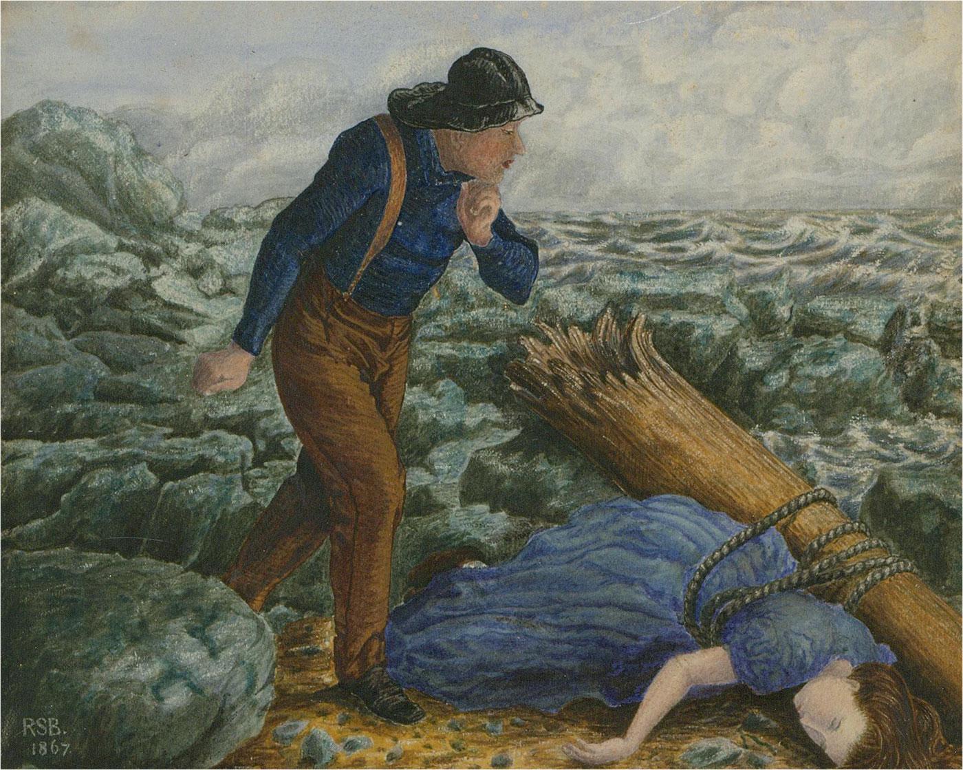 A tragic scene depicting a sailor finding a drowned woman on a beach. She is tied with rope to a wooden mast and likely died a captive in a shipwreck. The painting follows in the tradition of George Frederic Watts 'Found Drowned' (c.1850) and
