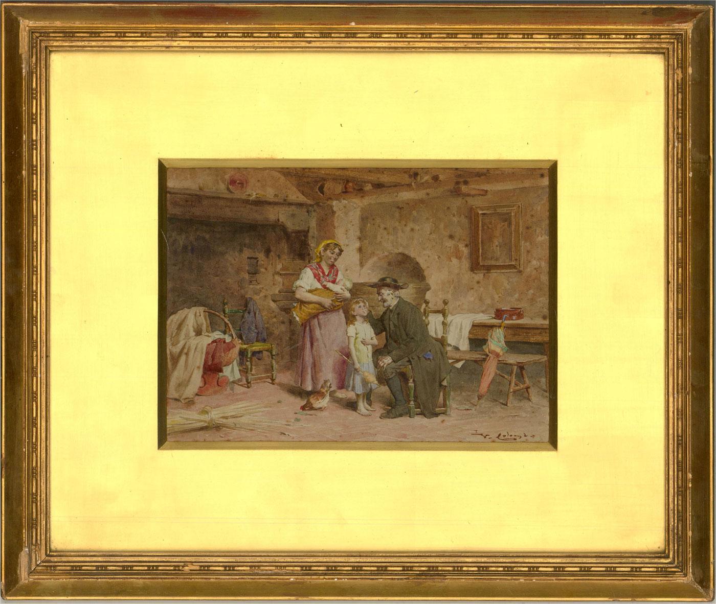 An interior scene depicting a priest visiting a woman and her children. A painting of the crucifixion hangs on the wall, signifying the piety of this humble family. Meanwhile, the priest's umbrella which leans against the bench adds a note of