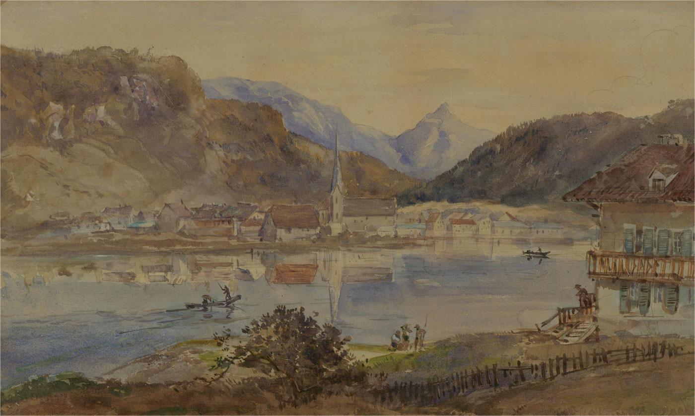 Early 20th Century Watercolour - Alpine Town - Brown Landscape Art by Unknown
