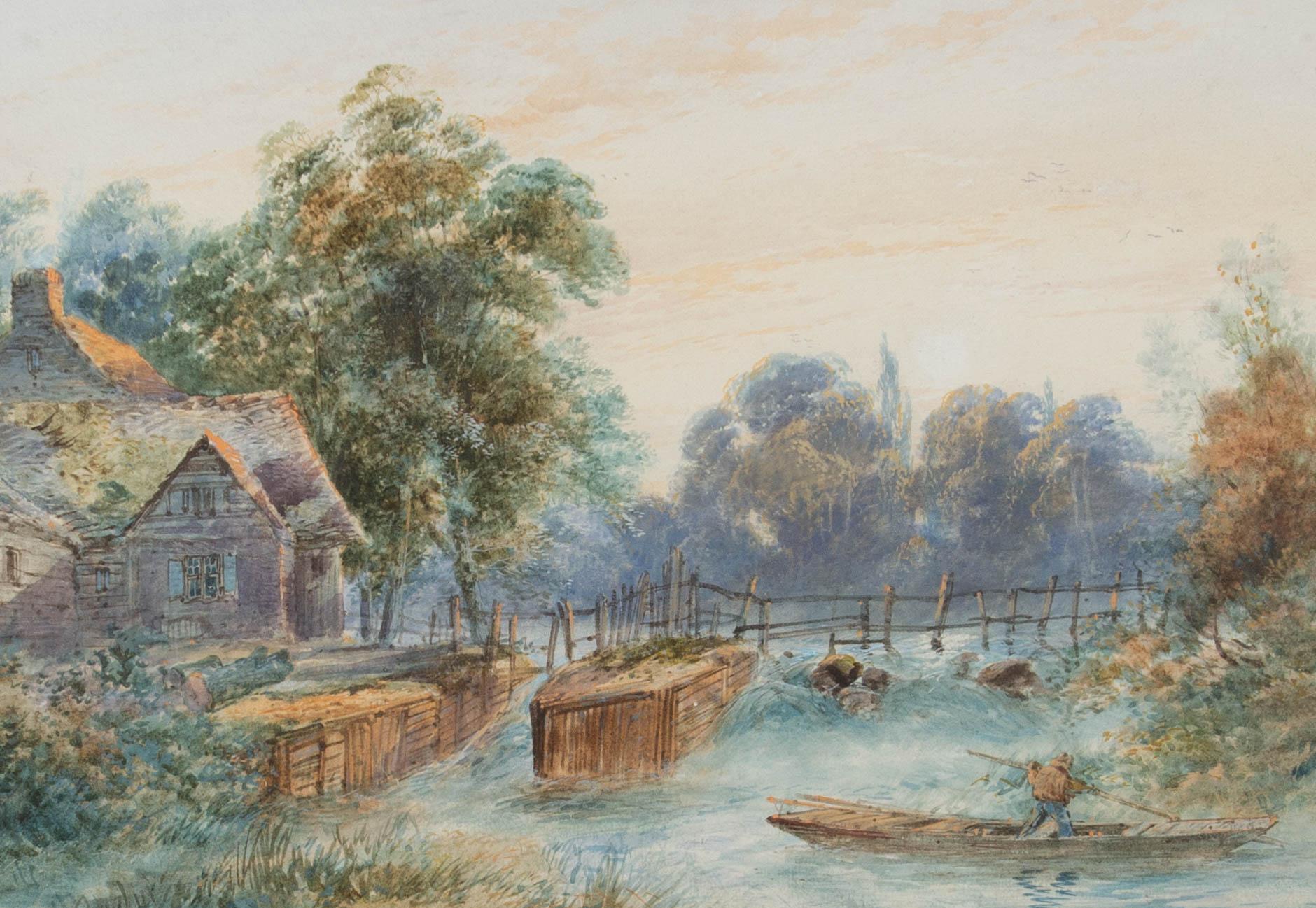 A charming watercolour painting with gouache details, depicting a river scene with a cottage and a figure on a small boat. Unsigned. Well-presented in a wash line card mount and in a distressed, gilt effect frame. On watercolour paper.