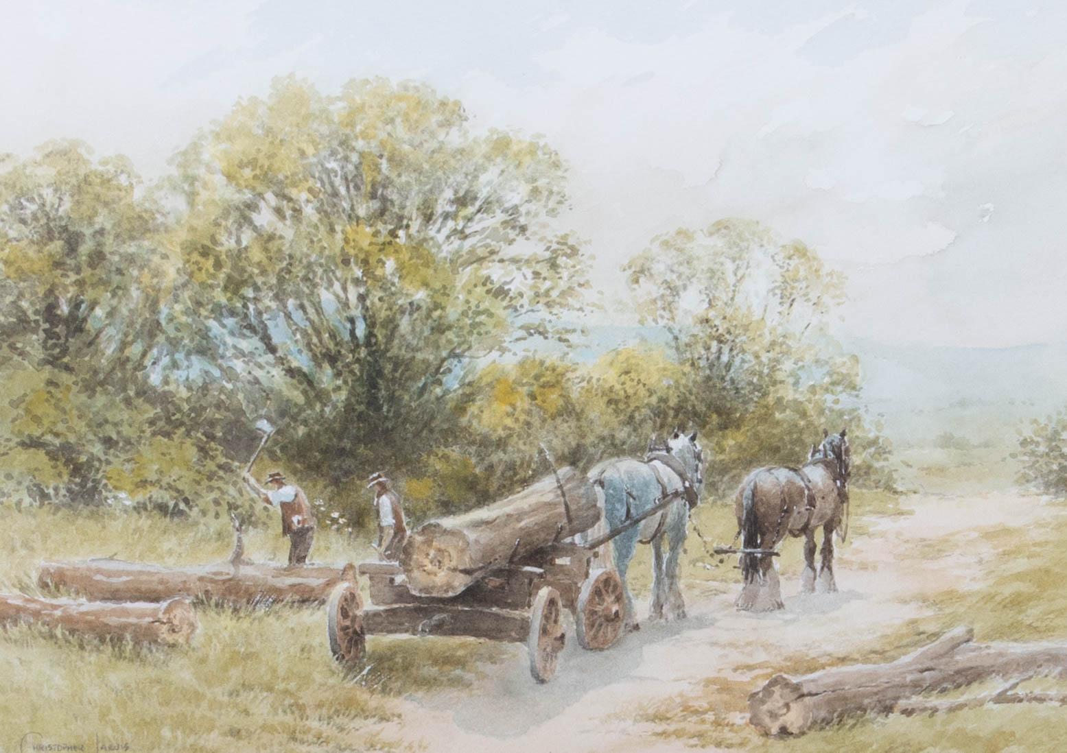 A fine, rural watercolour, showing two men hard at work logging trees. Two cart horses wait patiently with their heavy load on a wagon behind them. The artist has signed to the lower left corner and the painting has been presented in a brushed gilt