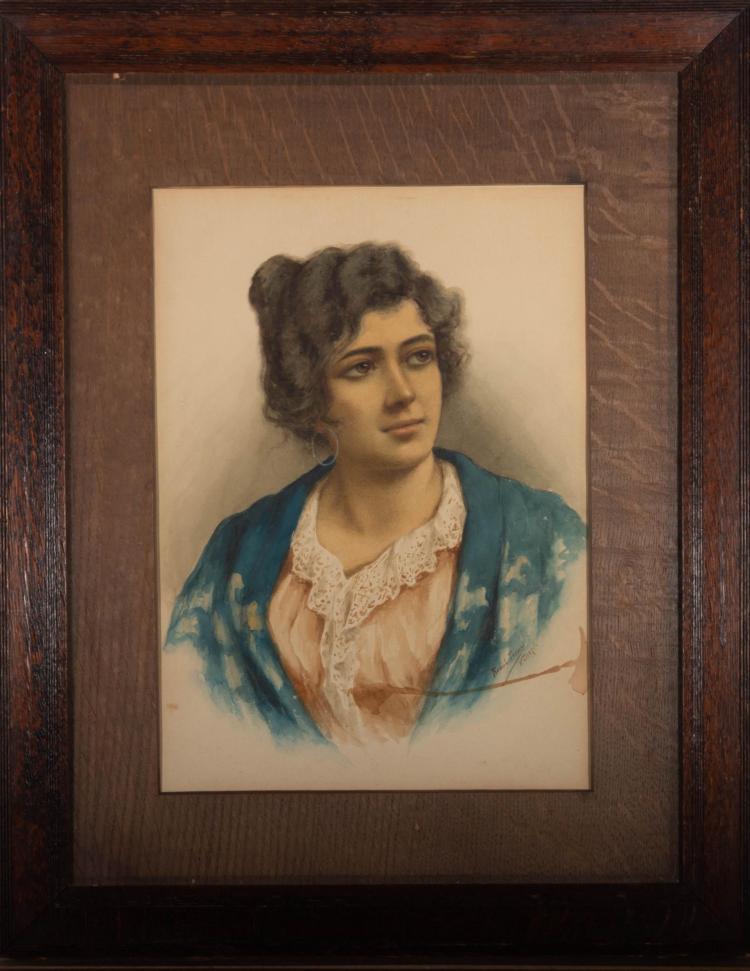 A portrait of a young Italian woman. Presented glazed in a grained wooden mount and a dark wooden frame. Signed to the lower right corner and inscribed 'Venezia'. On wove.