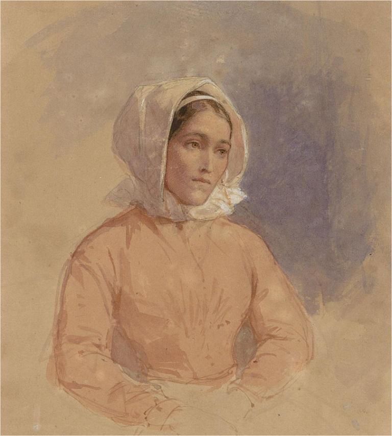 Mid 19th Century Watercolour - French Fishwife - Brown Portrait by Unknown