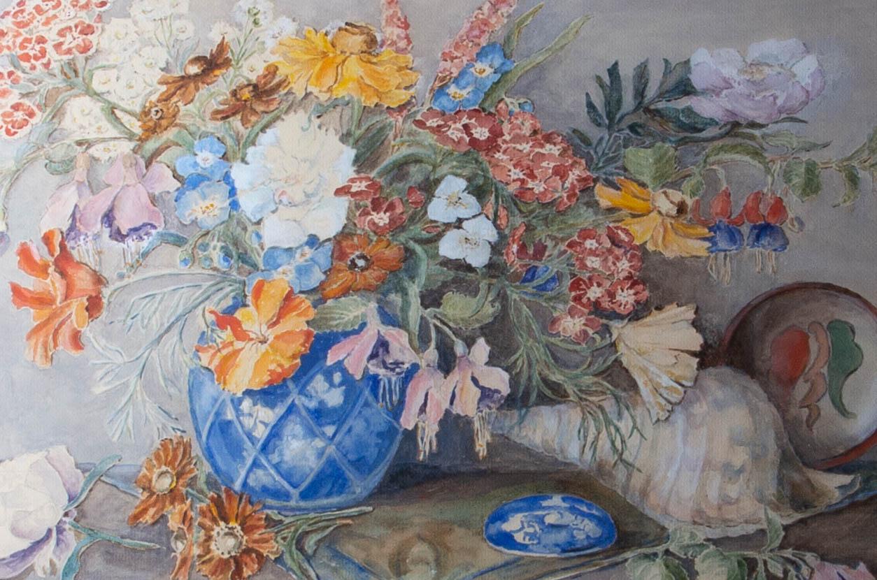 Irene Blett - Early 20th Century Watercolour, Vibrant Flowers With Ginger Jar 4