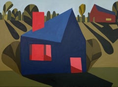 Blue House with Red Chimney and Red Barn