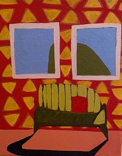 Couch with Red Pillow and Two Windows
