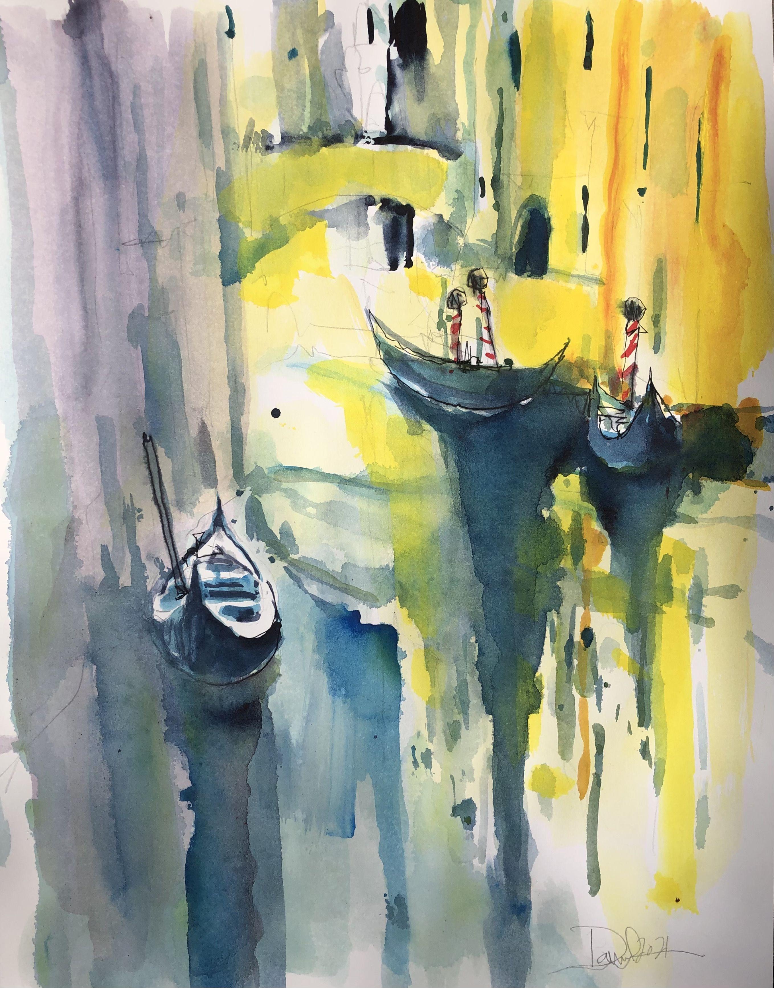 Gondola Shadows, Painting, Watercolor on Watercolor Paper - Art by Daniel Clarke
