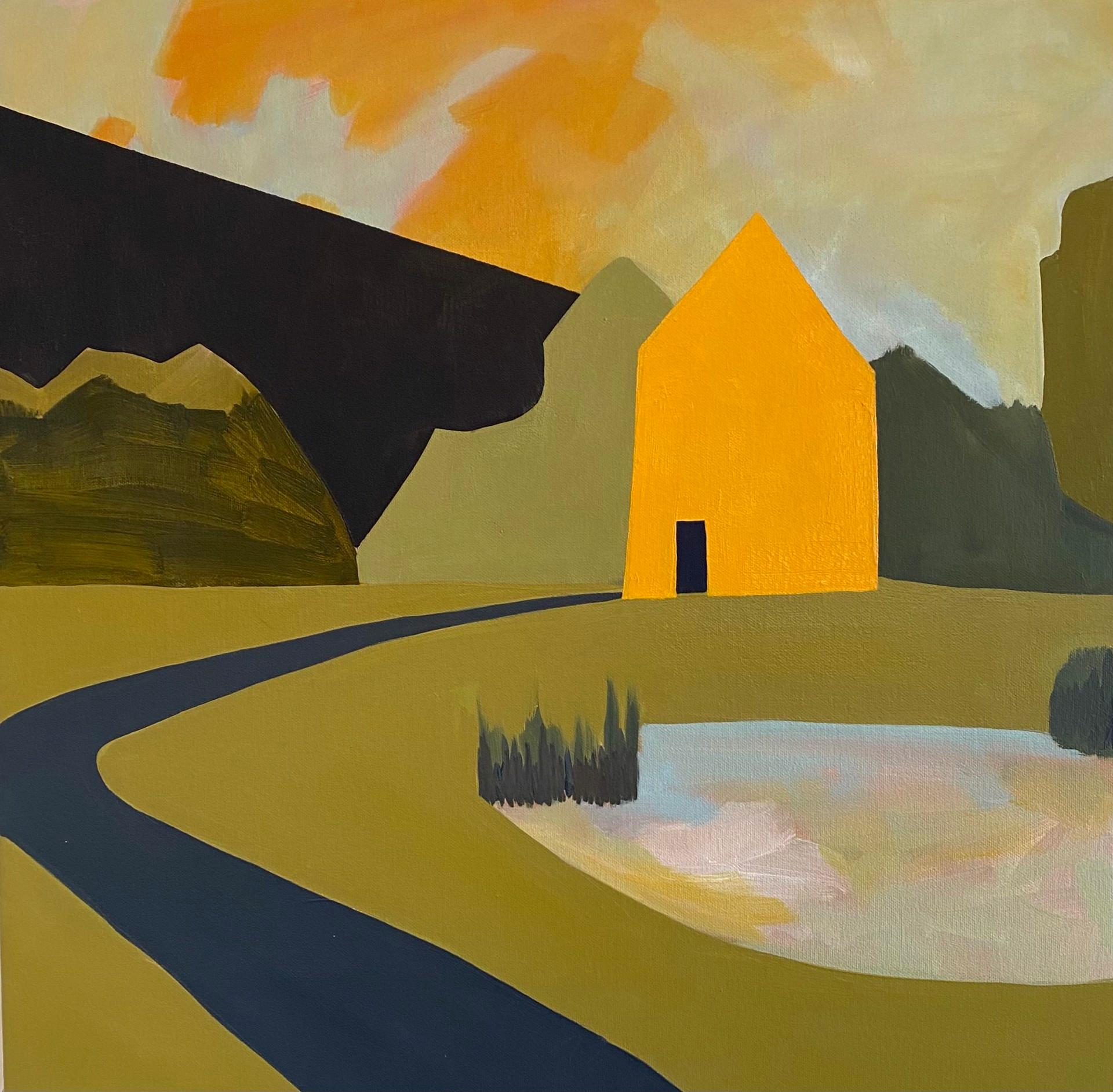 Yellow House with Pond and Long Driveway - Art by Sage Tucker-Ketcham