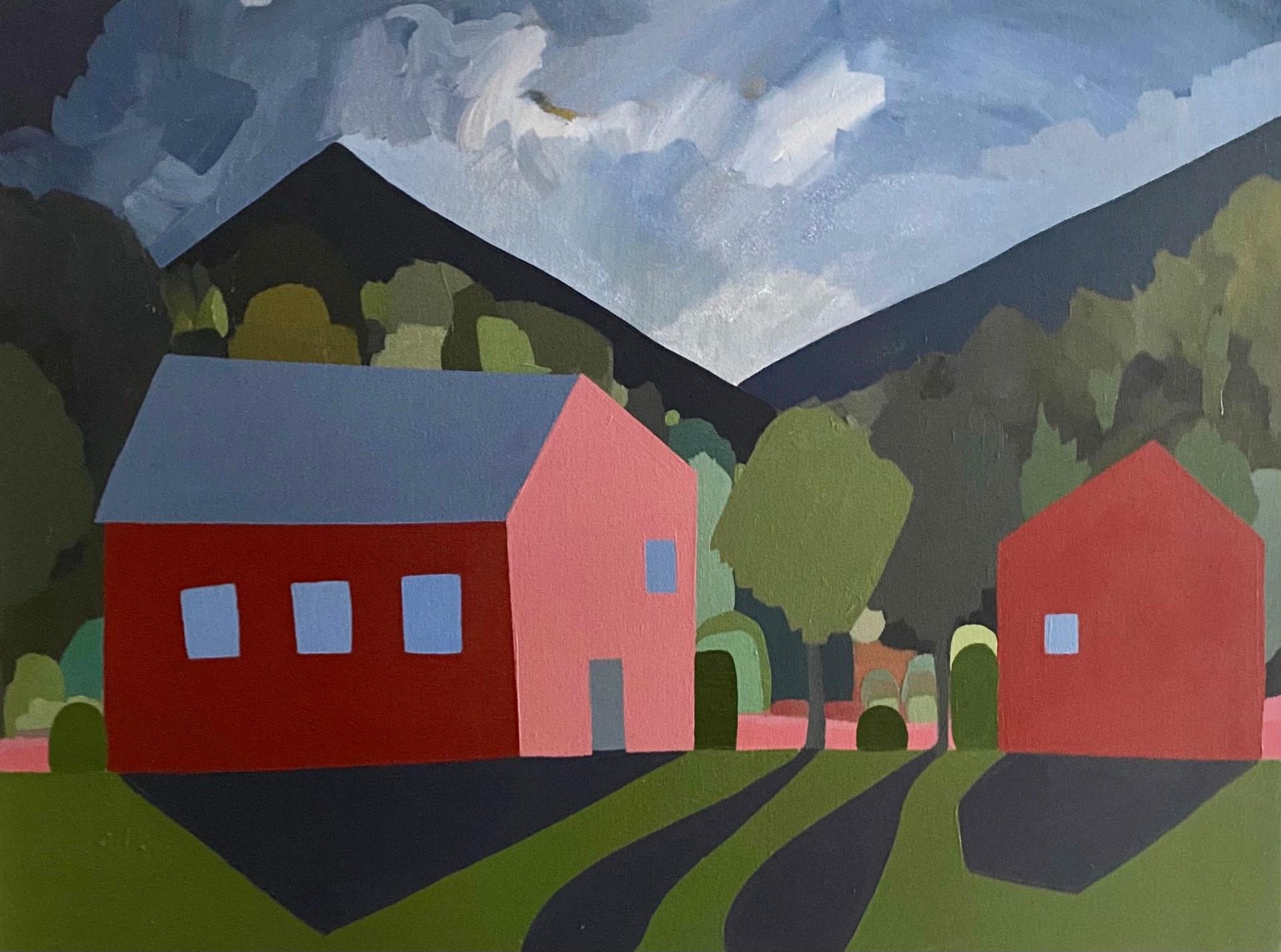 House and Shed in Forest with Two Mountains - Art by Sage Tucker-Ketcham