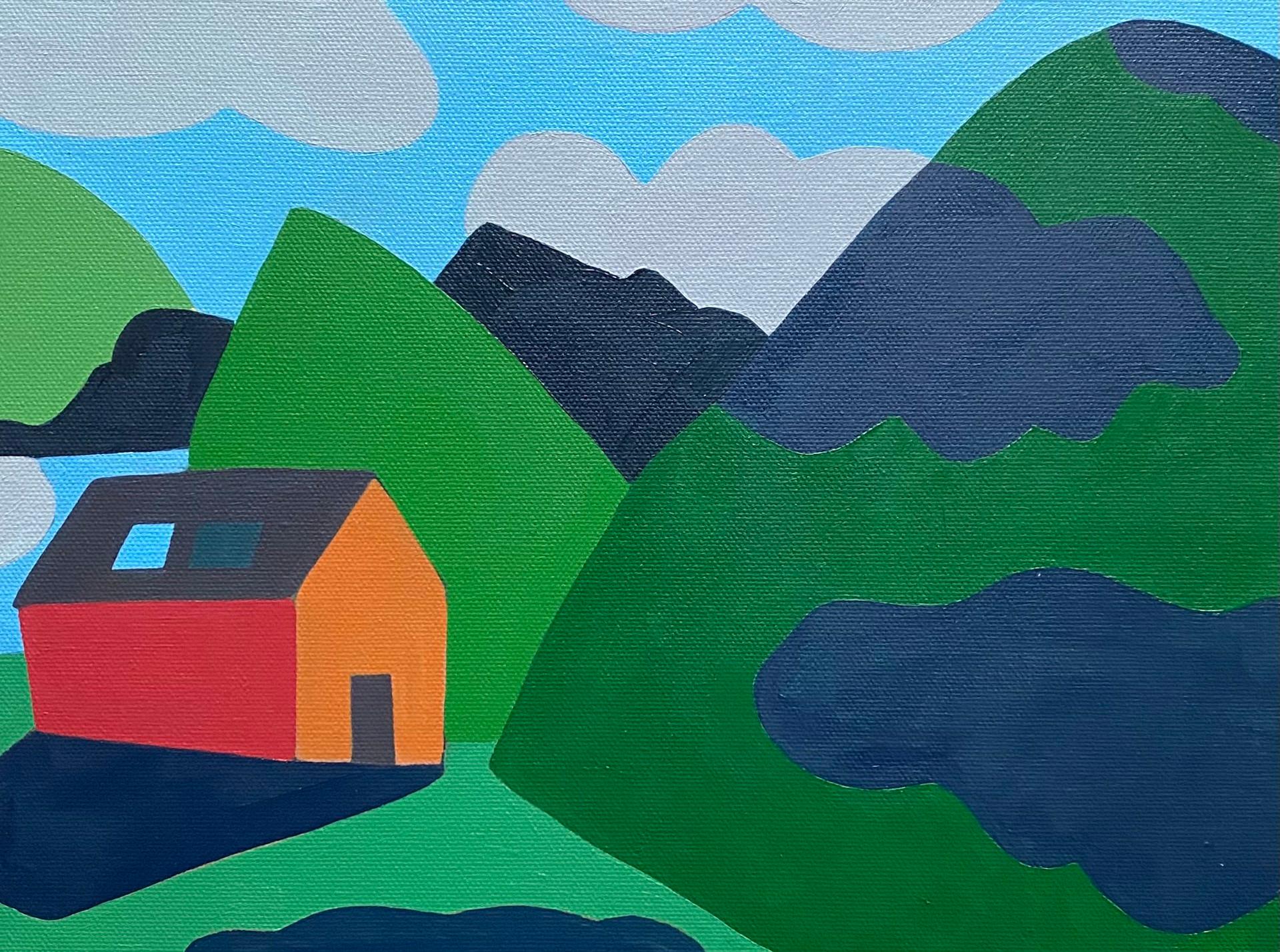 House on Lake, Mountains and Clouds - Art by Sage Tucker-Ketcham