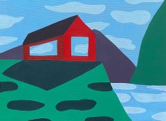 Red Barn on Cliff with Mountains and Clouds