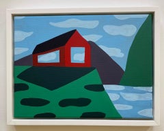 Red Barn on Cliff with Mountains and Clouds