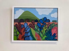 Green Hill with Leaves and Blooming Blue Plants