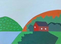 Red Barn on Lake with Hills