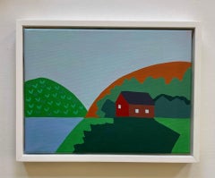 Red Barn on Lake with Hills