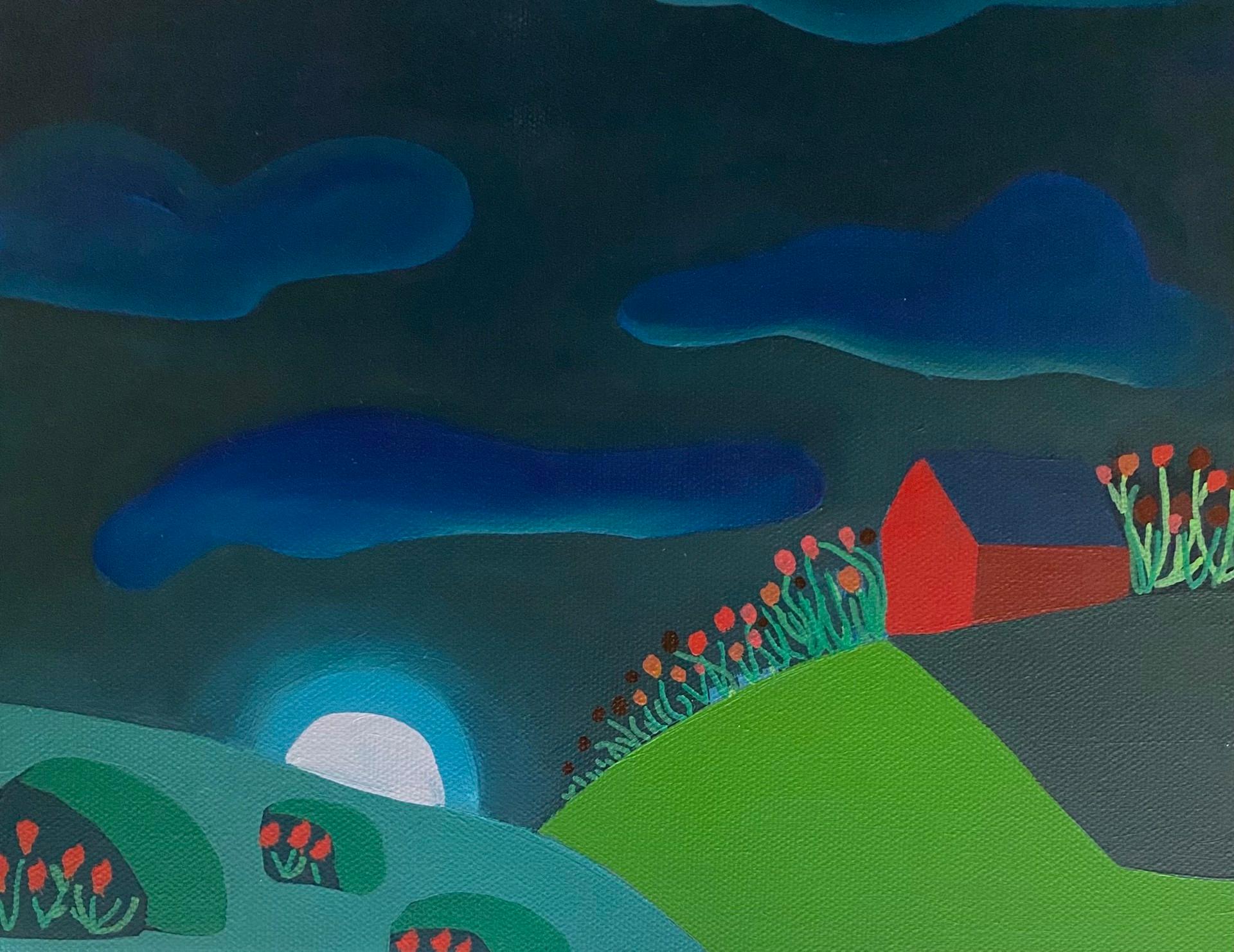 Red Barn at Night with full moon, clouds and flowers - Art by Sage Tucker-Ketcham