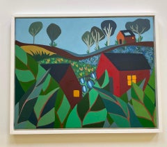 Two Red Houses and a Red Barn with Trees and Hills