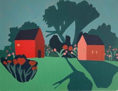 Red Barn with House, Big Trees and Flowers