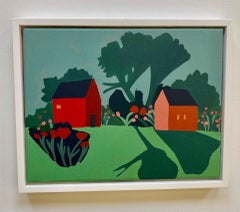 Red Barn with House, Big Trees and Flowers