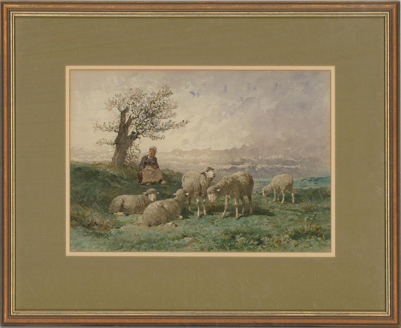 A fine watercolour painting with gouache details by the artist Frank Brissot, depicting a charming landscape scene with a figure sat under an olive tree with sheep nearby. Signed to the lower left-hand corner. Well-presented in a double card mount