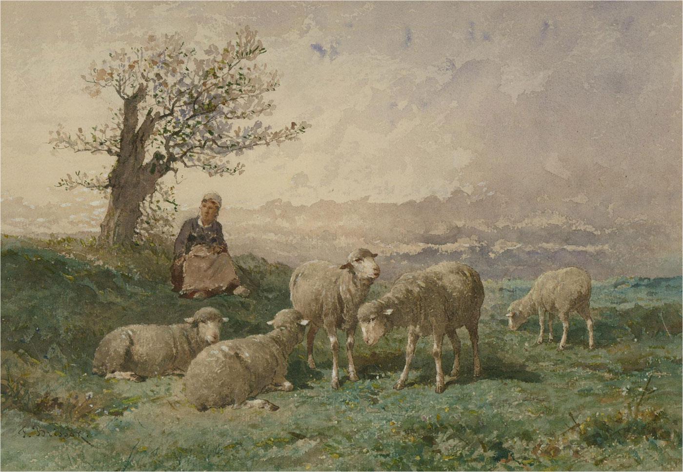 Frank Brissot (Act.1879-1881) - Watercolour, Under a Tree with Sheep 1