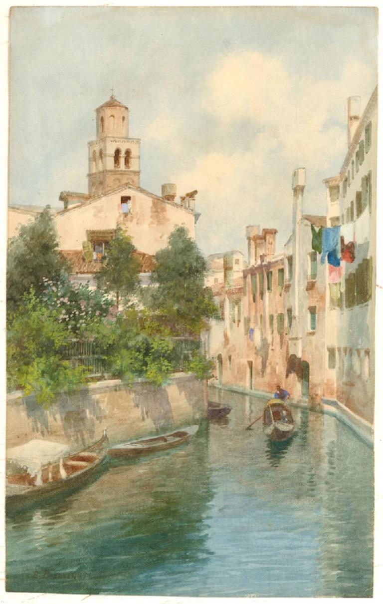 This delightful scene by well listed Italian artist Eugenio Benvenuti depicts a gondola on a narrow Venetian river. The buildings and greenery are captured in fine detail with a masterful technique. Signed to the lower left. On wove.
