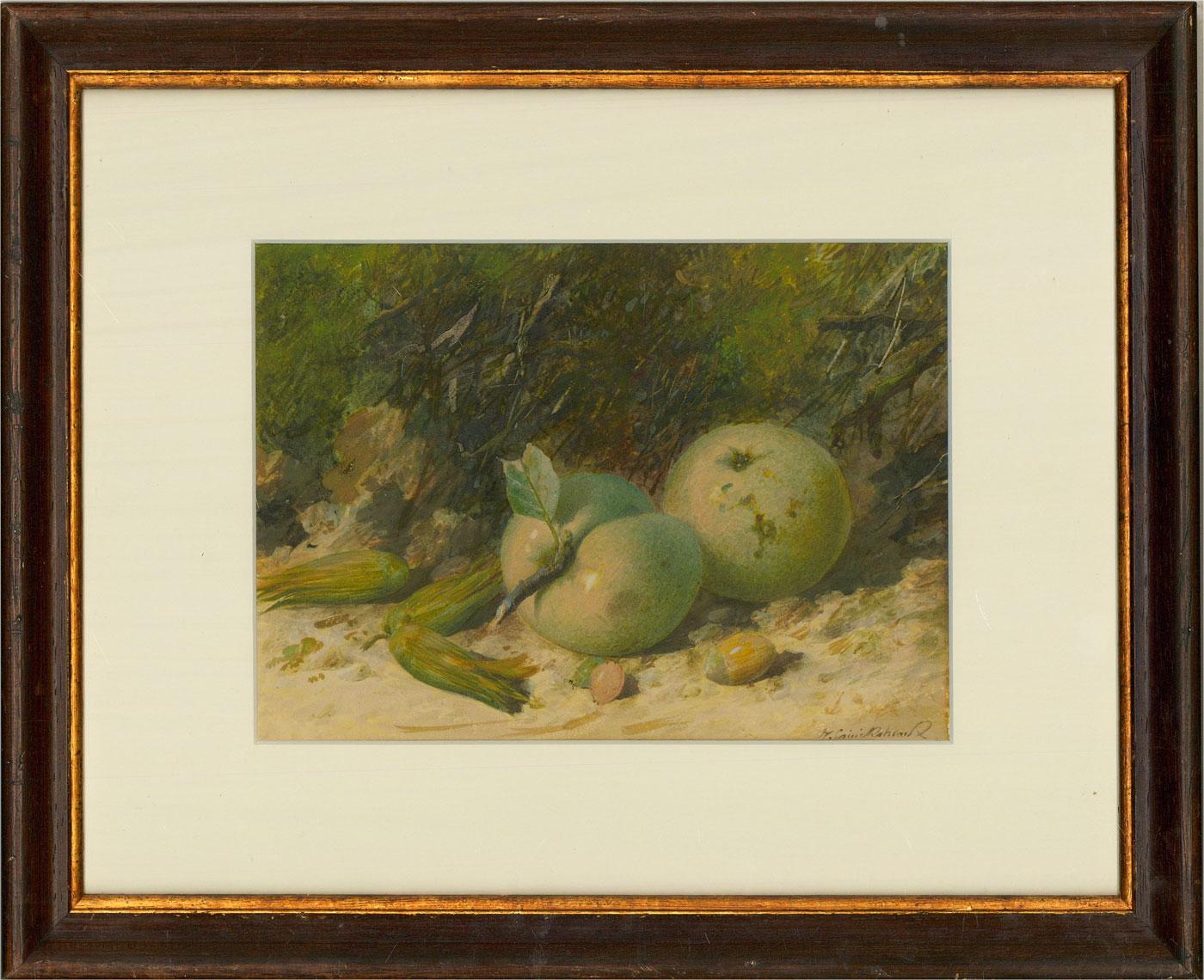 This well-executed watercolour still life depicts apples and nuts against a natural background. The artist has used delicate brushstrokes to convey the fine details of the fruit with a emphasis on light and tone. Signed to the lower right.