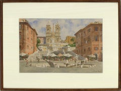 Vintage Anna Sofia Palm de Rosa (1859-1924) - Watercolour, Spanish Steps, Rome