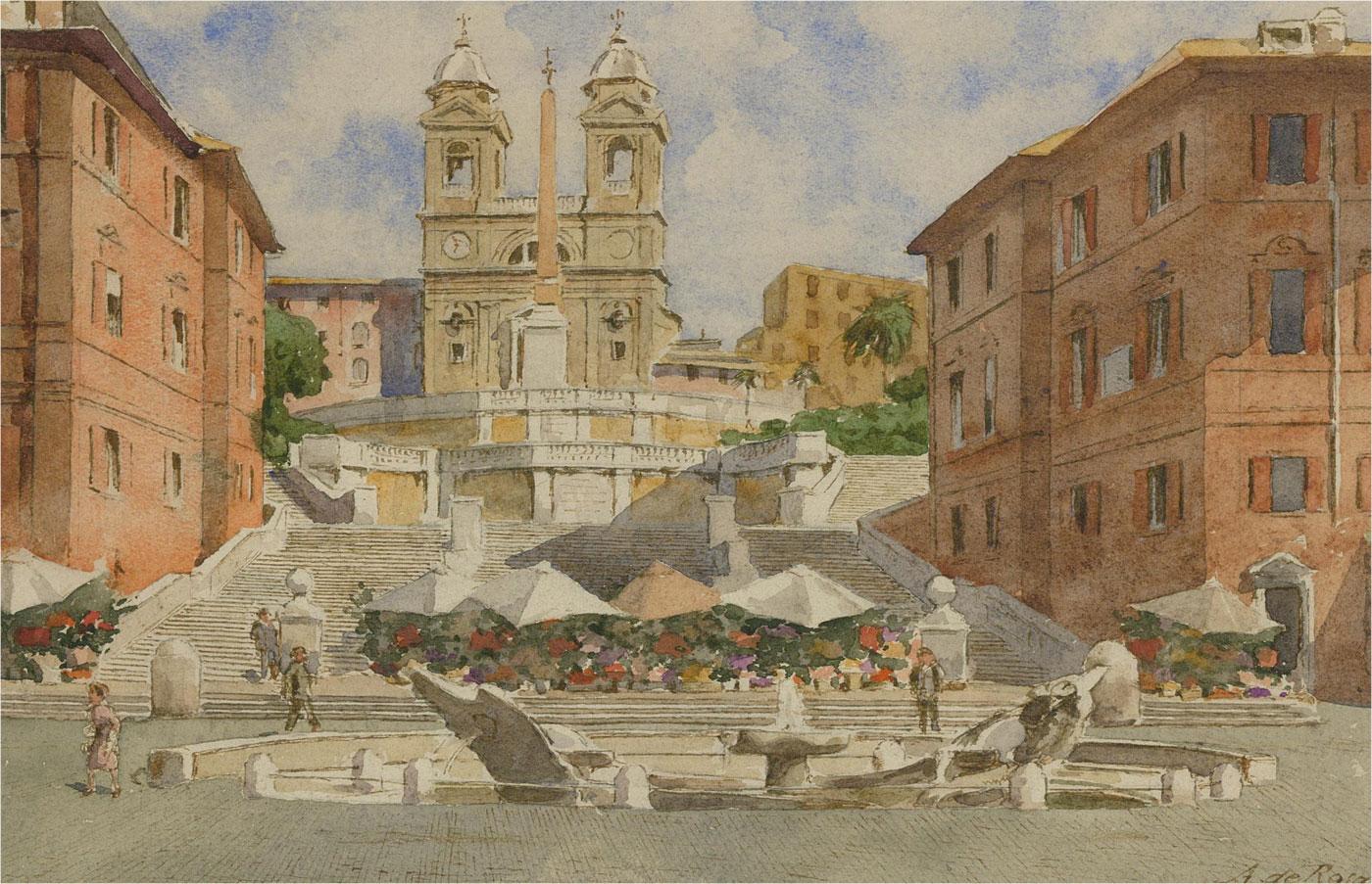 Anna Sofia Palm de Rosa (1859-1924) - Watercolour, Spanish Steps, Rome - Art by Anna Palm de Rosa