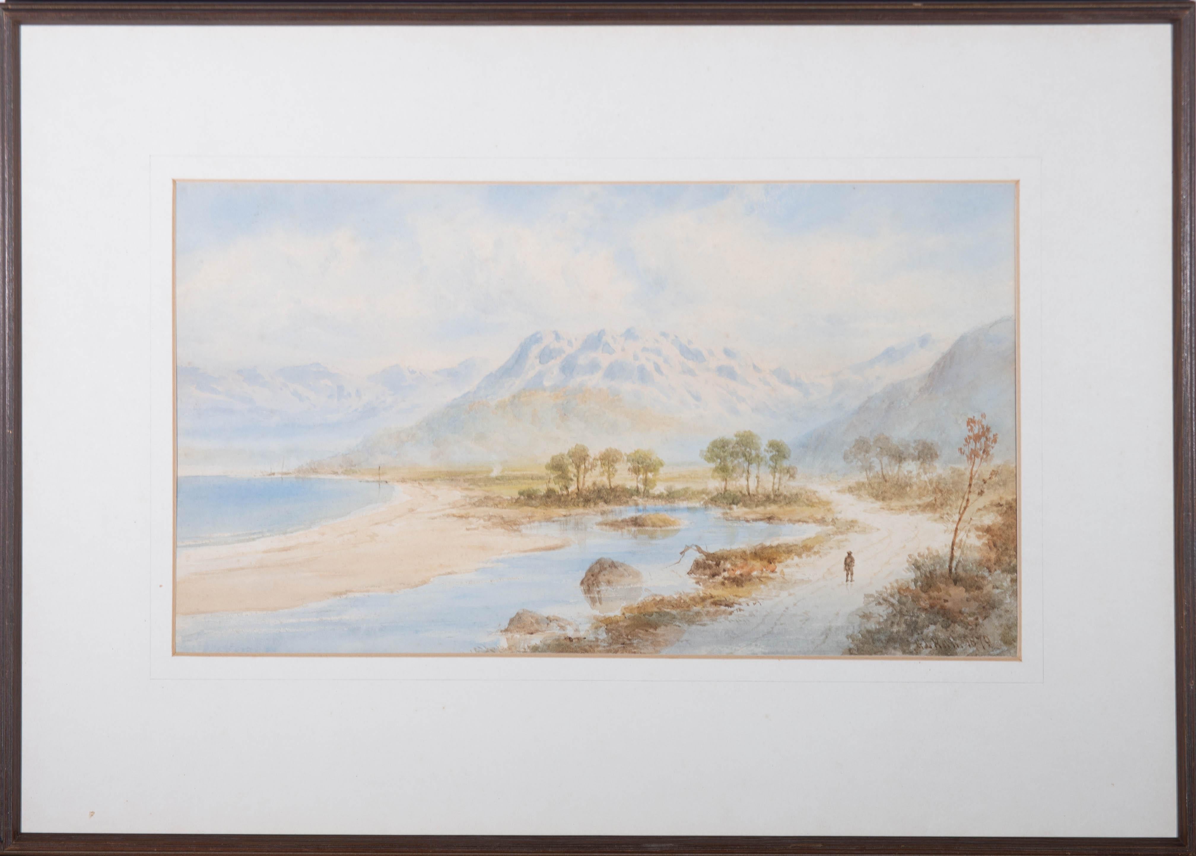 A mountain lake scene with a solitary figure walking along a path in the foreground. Presented unglazed in a cream mount and a wooden frame. Signed and dated to the lower-right edge. Label verso. On watercolour paper.
