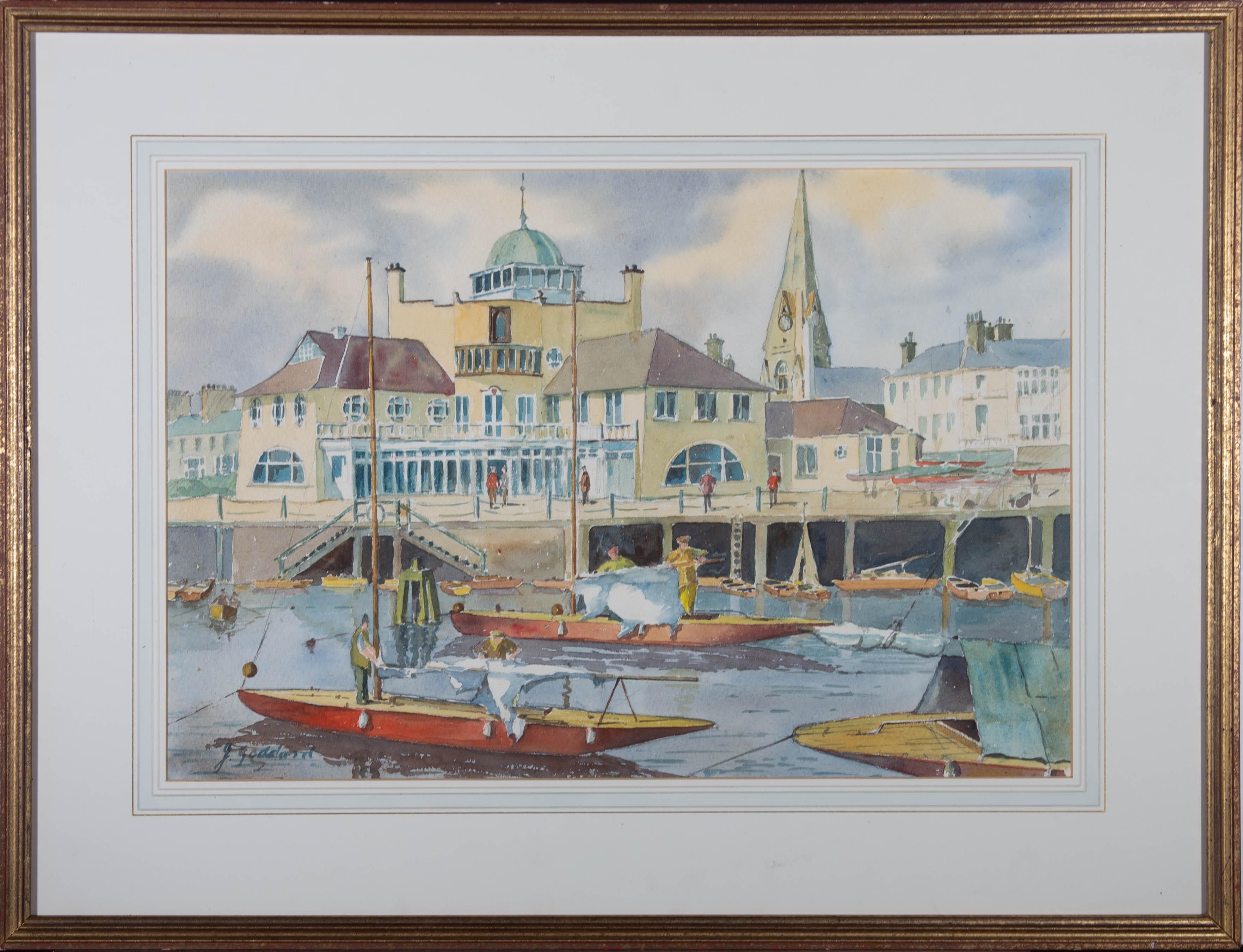 A busy scene at Lowestoft harbour with figures working on boats in the foreground. Presented in a wash line mount and a distressed gilt-effect wooden frame. Signed to the lower-left edge. On watercolour paper.
