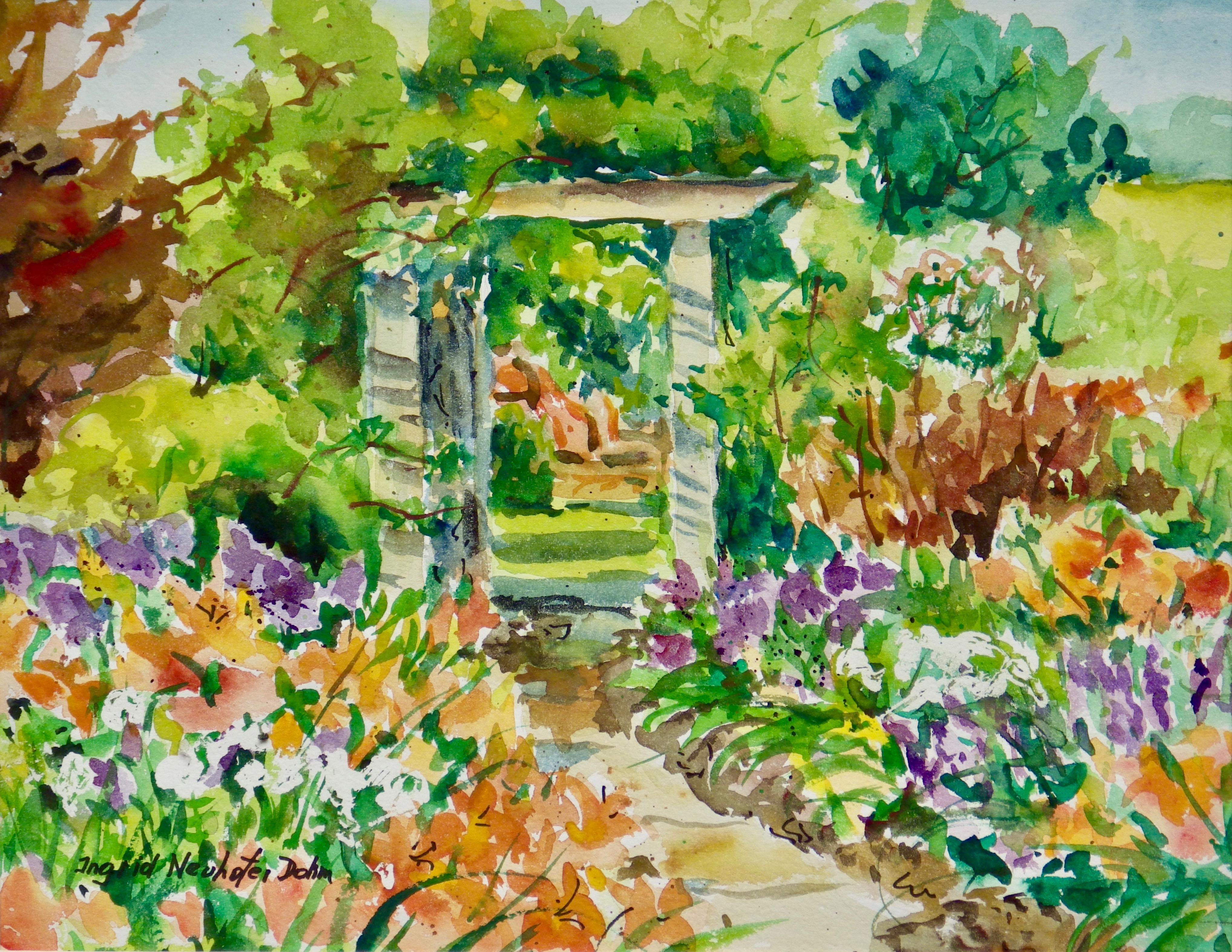 Ingrid Dohm Landscape Art - Garden Portico, Original Signed Impressionist Floral Garden Watercolor on Paper