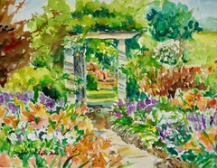 Garden Portico, Original Signed Impressionist Floral Garden Watercolor on Paper