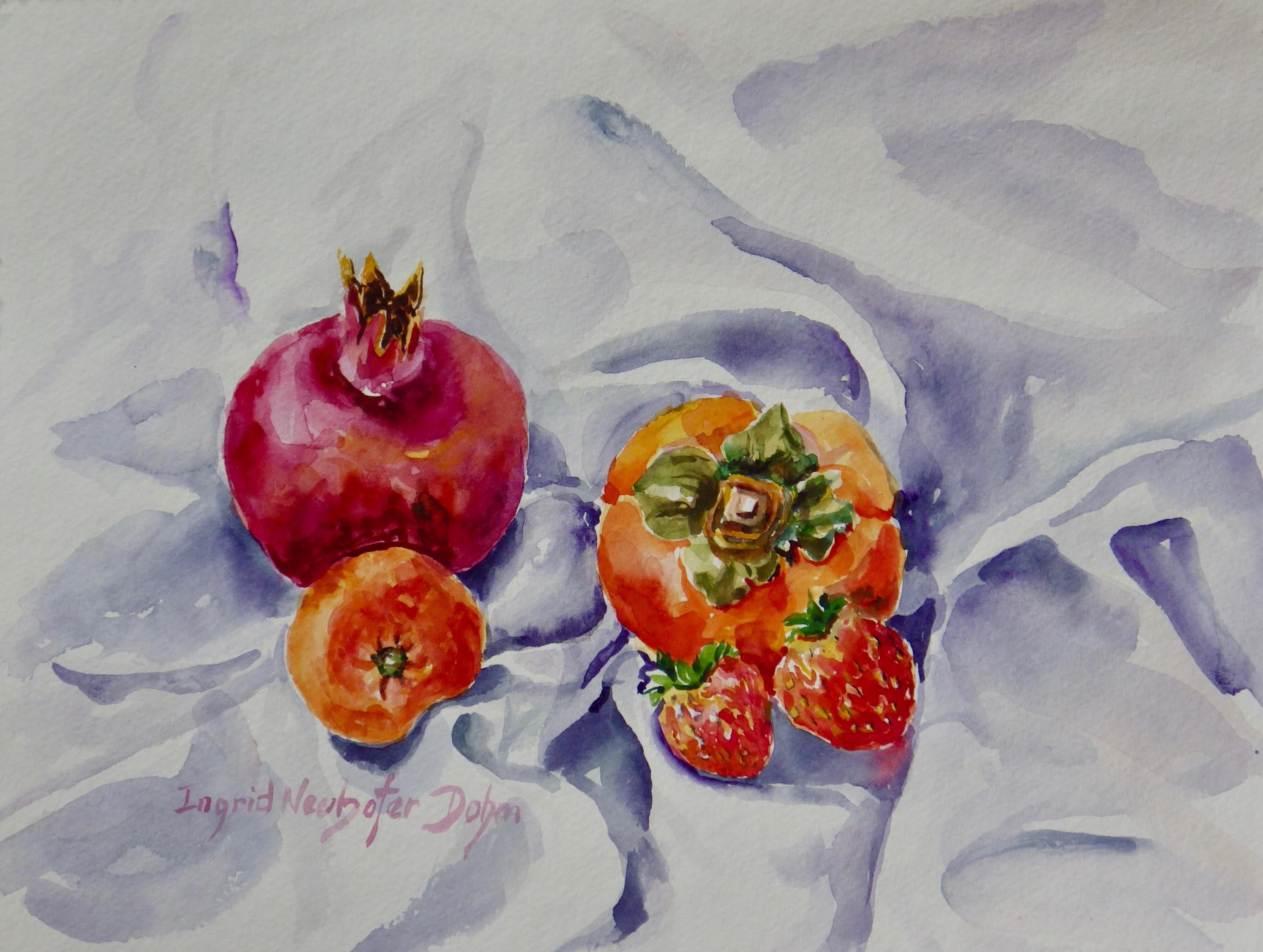 Nature morte originale de fraises, étude originale signée de fruits, aquarelle sur papier - Art de Ingrid Dohm