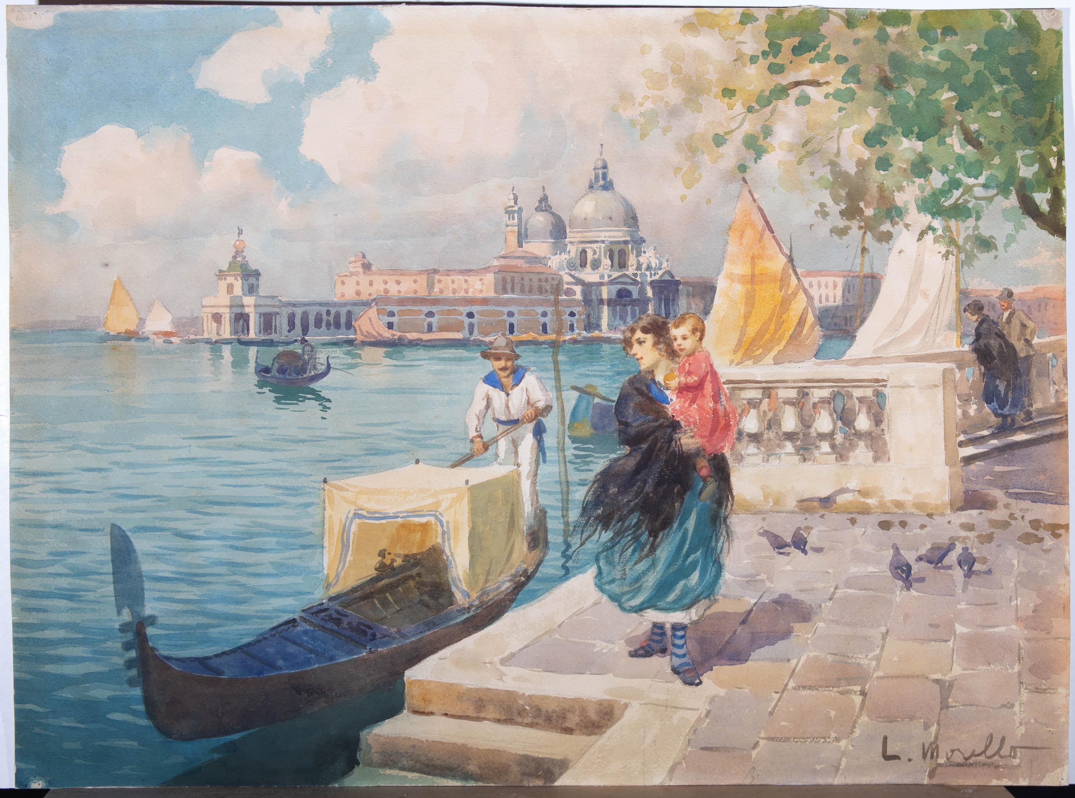 A beautiful watercolour view of the Venetian waterfront. A mother holds her child close as they stand in the warm sunshine with a gondolier approaching them in his gondola. The painting has a warm and joyful atmosphere with a gentle breeze catching
