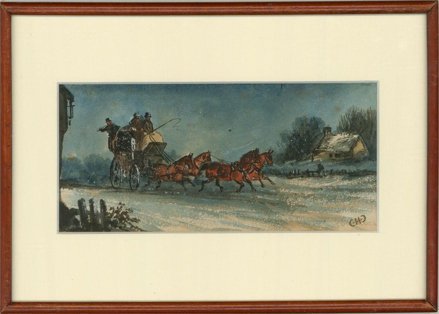 A painting of a mail coach in the snow by the highly collectable Charles Cooper Henderson (1803-1877). Presented in a white mount and a thin wooden frame. Monogrammed to the lower-right corner.
