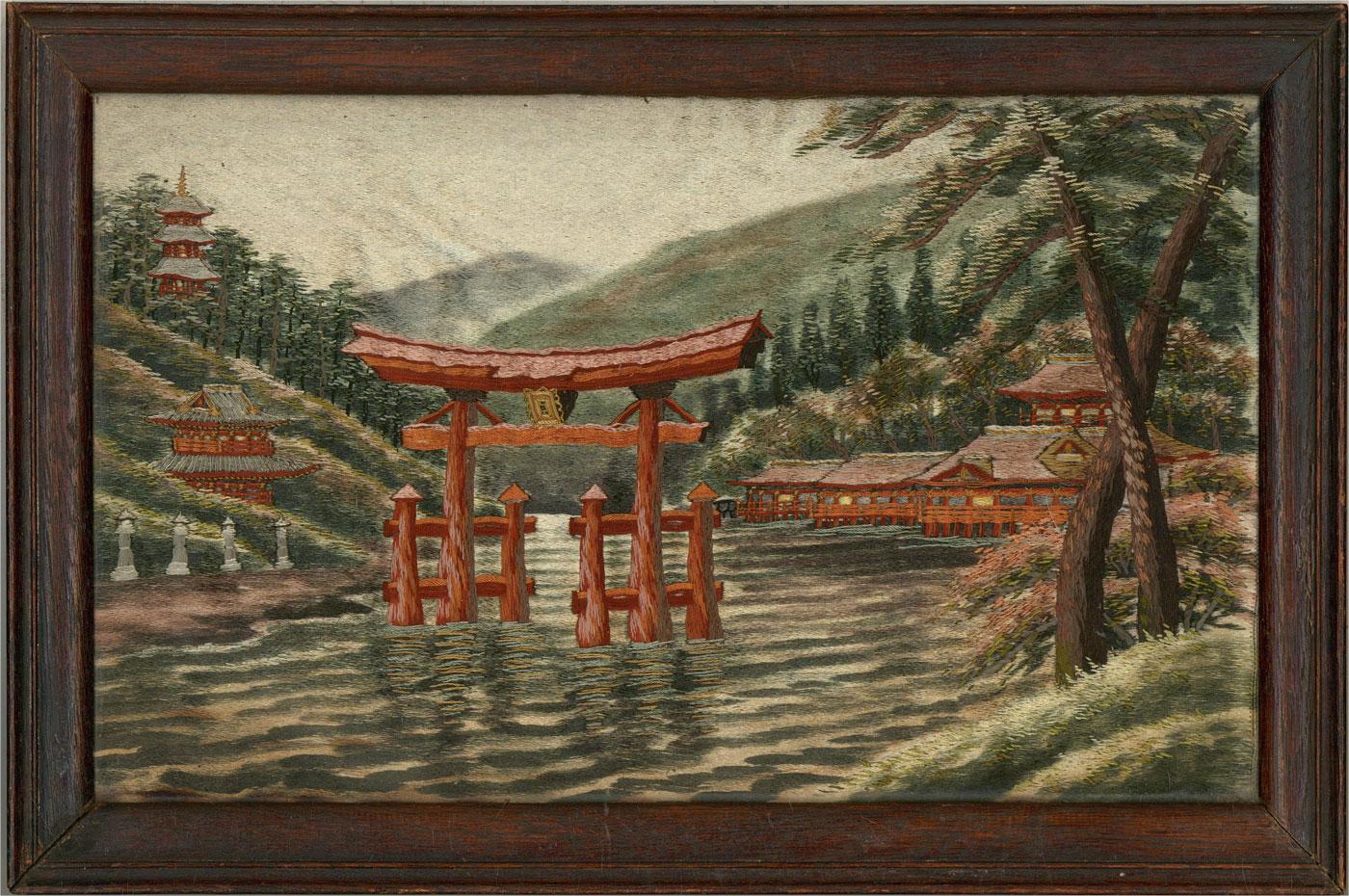 Turn of the Century Silk Embroidery - Shinto Shrine - Art by Unknown