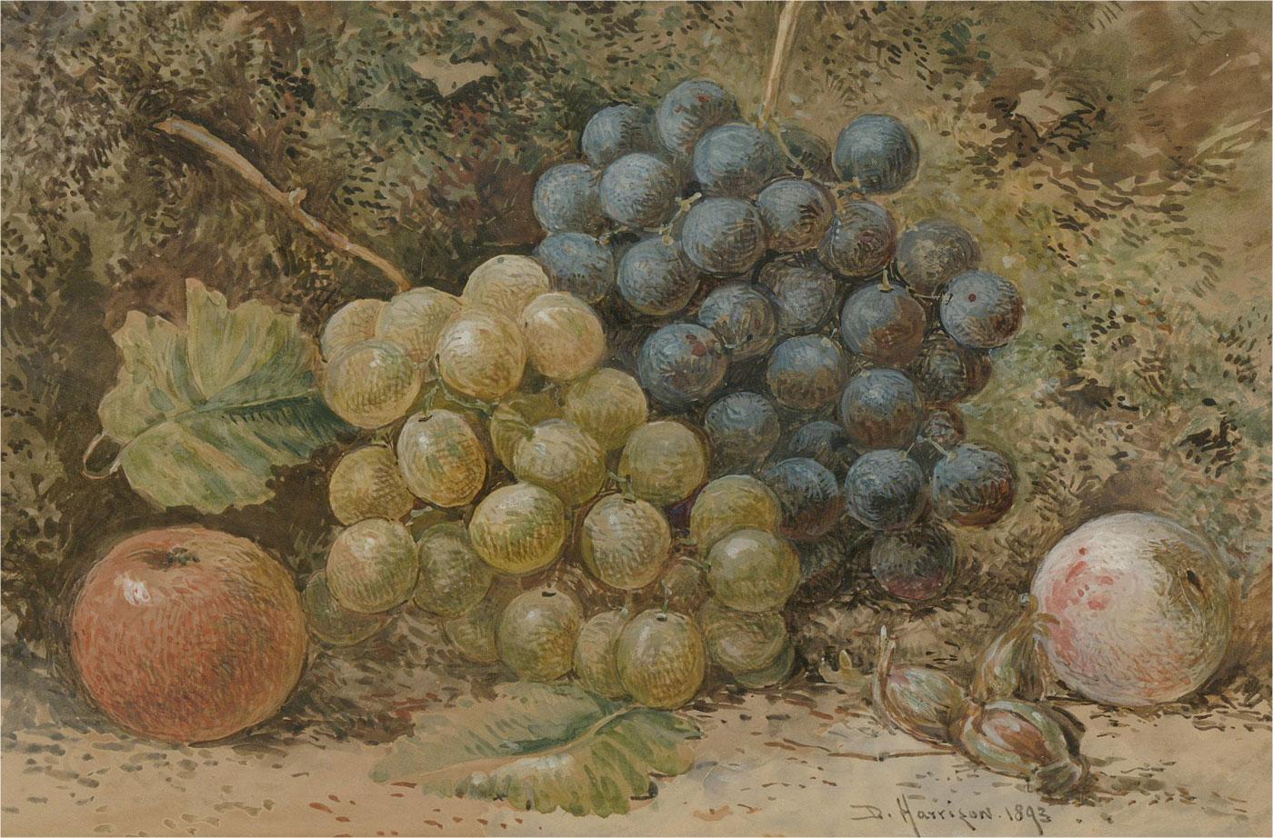 A delicate and detailed late 19th Century watercolour still life showing an autumnal selection of fruits and nuts. The artist has used an unusual visible brush stroke to create form and texture in the painting. The artist has signed and dated to the