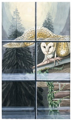 Visitation, contemporary painting, gouache & watercolor, owl window & pine trees