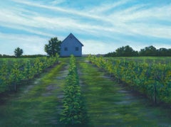 The Vineyard, contemporary landscape, oil painting, field, white house