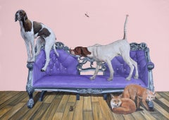 Hunde und Fuchs, zeitgenössisches Gemälde, Acryl, Bienen, rosa und lila
