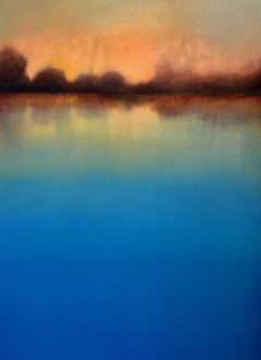 Dusk, contemporary landscape, oil painting, water & sunset, blue & purple