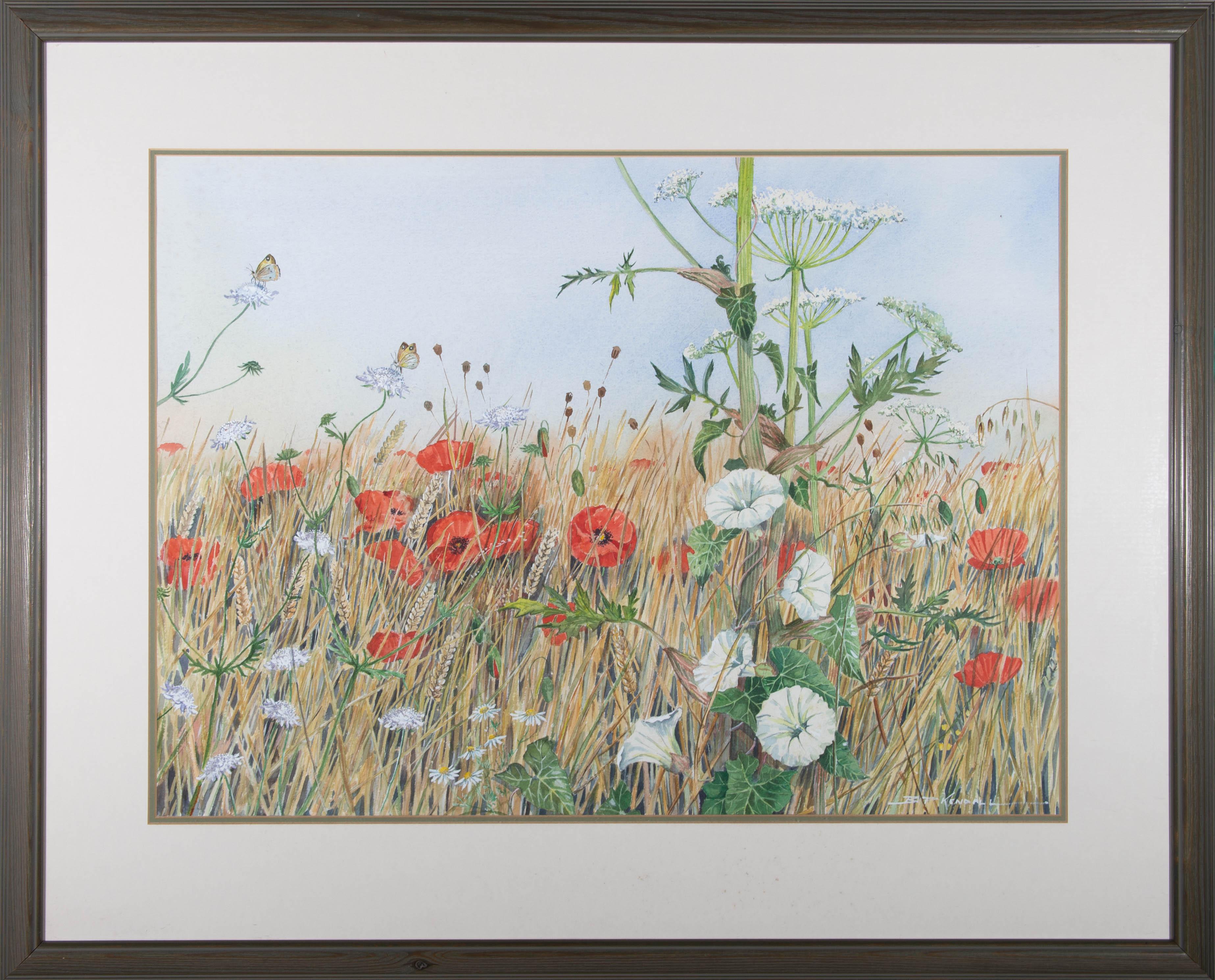 A low view through a wildflower meadow, including poppies, scabious, columbine, daisies, and cow parsley. Presented in a white and green double mount and a green wooden frame. Signed to the lower-right edge. On watercolour paper.

